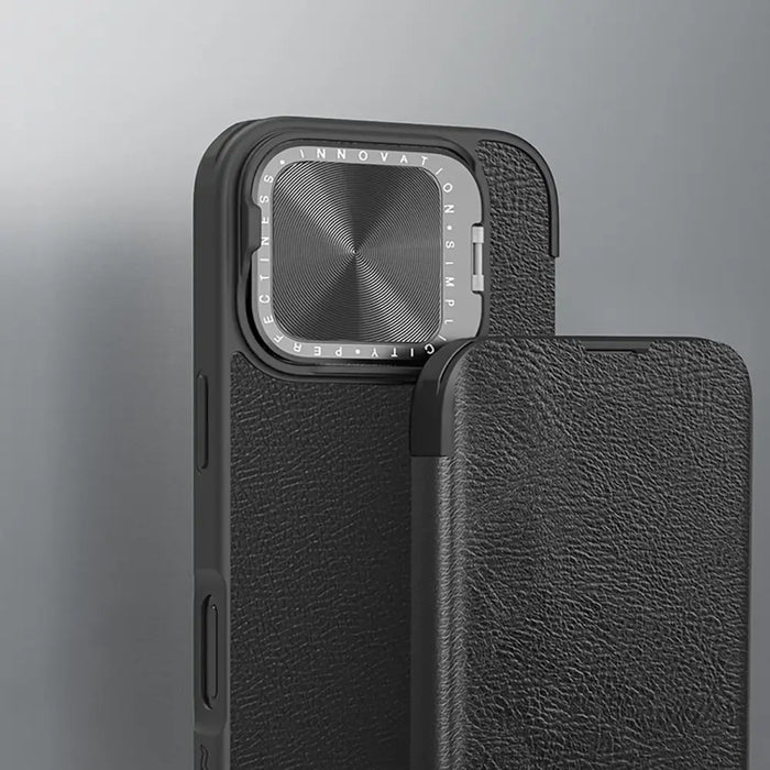 Nillkin Qin Prop Leather Case with Camera Cover and Stand for iPhone 16 Pro - Black - Cell phone cases