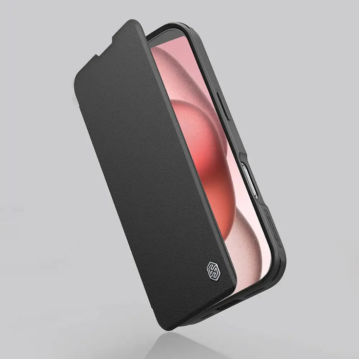 Nillkin Qin Prop Leather Case with Camera Cover and Stand for iPhone 16 Pro - Black - Cell phone cases