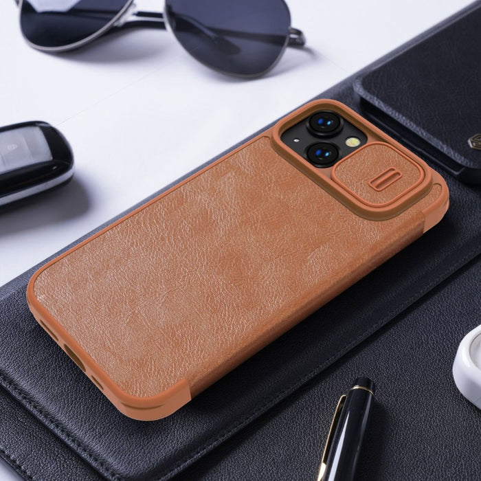 Nillkin Qin Leather Pro Case iPhone 14 Plus Camera Cover Holster Cover Flip Case Brown