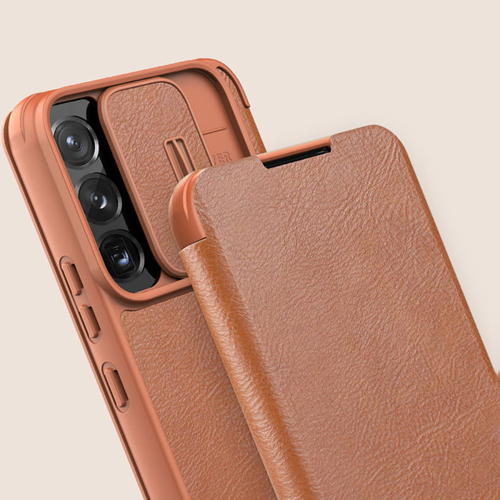 Nillkin Qin Leather Pro Case Case for Samsung Galaxy S22+ (S22 Plus) Camera Protector Holster Cover Flip Case Brown
