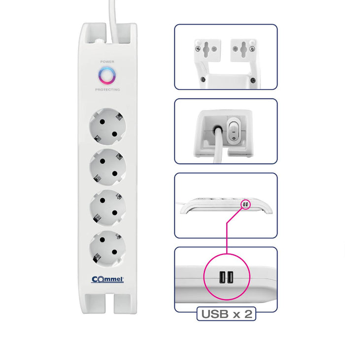 SWITCH 4X2P+E 2XUSBА 2M WHITE COMMEL