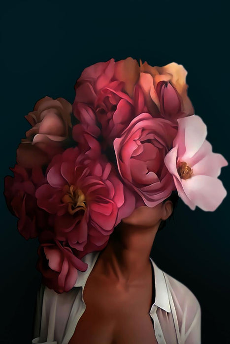 PAINTING 65X97 CM WOMAN RED FLOWERS