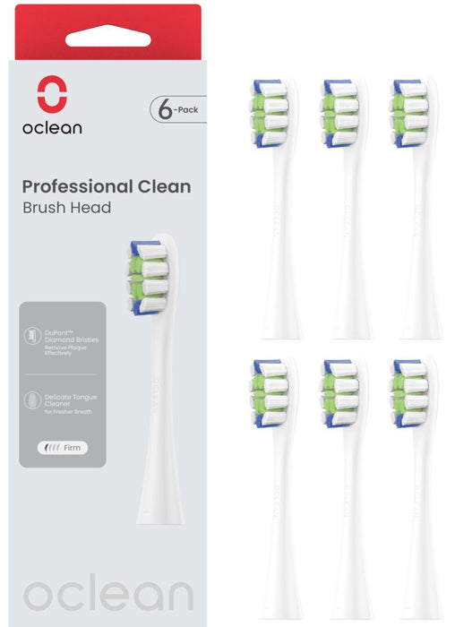Set of 6 replacement heads for electric toothbrush Oclean Professional Clean Brush Head, Hard, White