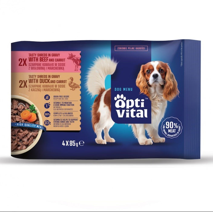OPTIVITAL Tasty shreds with beef and duck in gravy - wet dog food - 4x85g