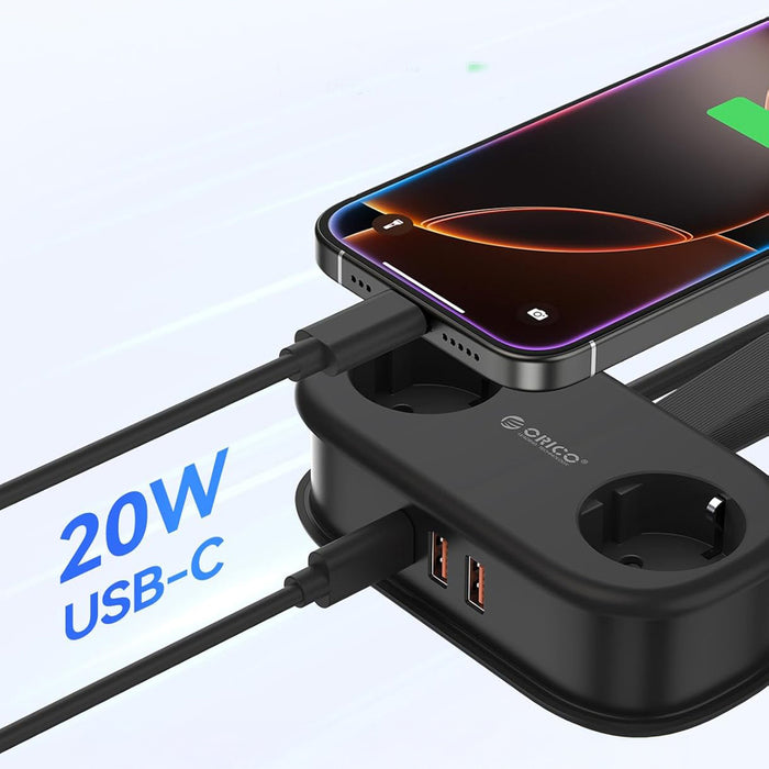 Orico AP3 20W GaN 5in1 Power Strip 2x AC + 2x USB-A + 1x USB-C - Black