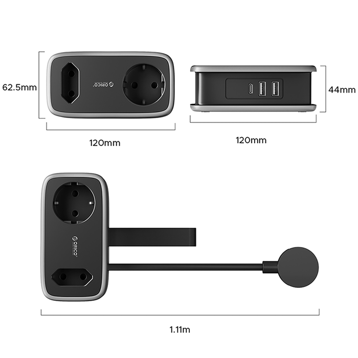 Orico APP 15.5W 5in1 Power Strip 2x AC + 2x USB-A + 1x USB-C - Black
