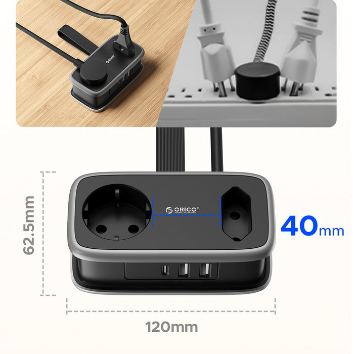 Orico APP 15.5W 5in1 Power Strip 2x AC + 2x USB-A + 1x USB-C - Black
