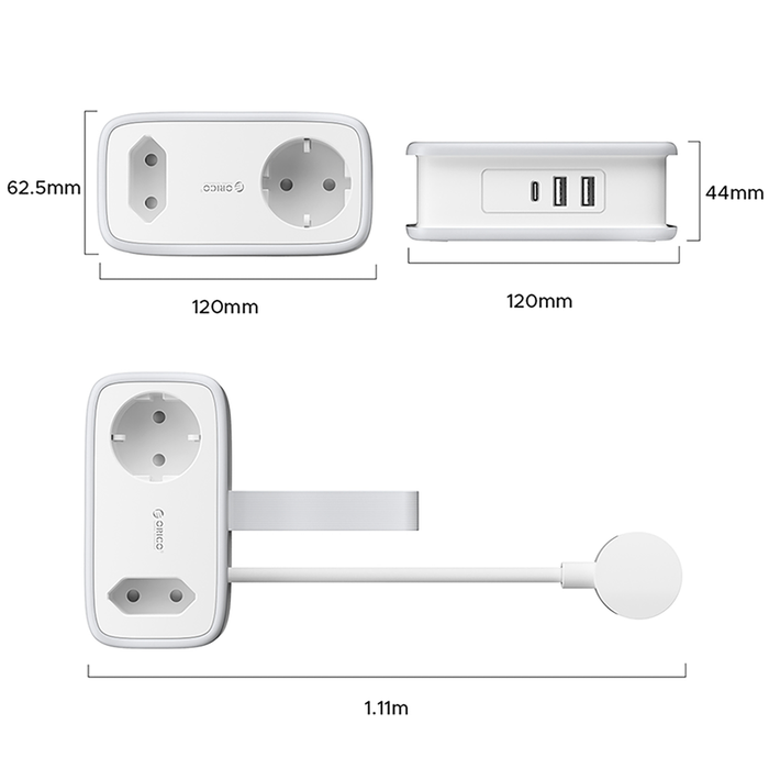 Orico APP 15.5W 5in1 Power Strip 2x AC + 2x USB-A + 1x USB-C - White
