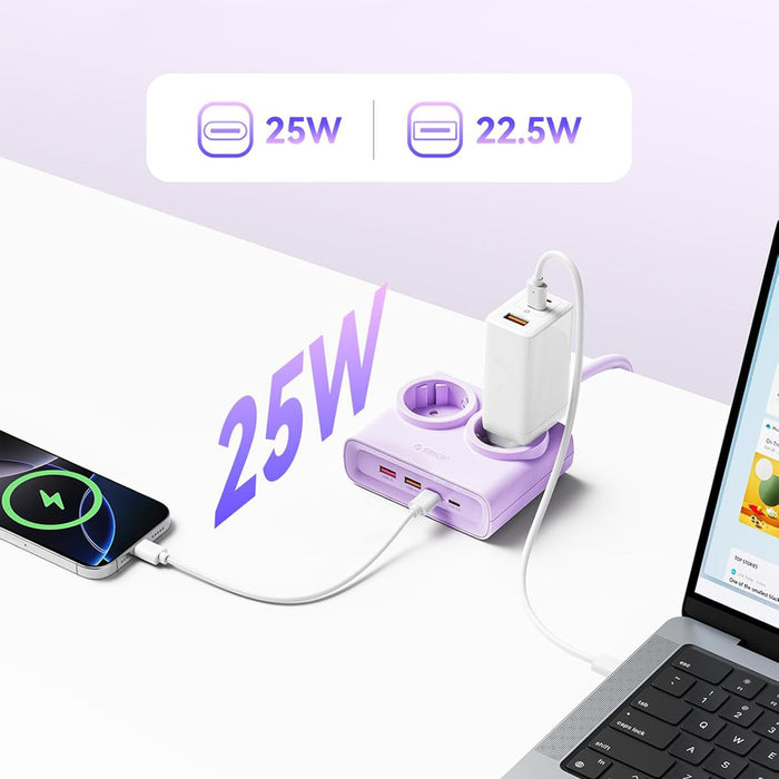 Orico PDC25 25W 6in1 Power Strip 2x AC + 2x USB-A + 2x USB-C - Purple