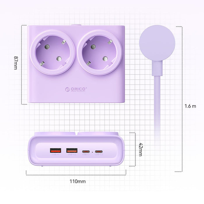 Orico PDC25 25W 6in1 Power Strip 2x AC + 2x USB-A + 2x USB-C - Purple