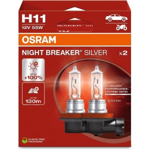 Bulb (Set of 2) H11 12V 55W PGJ 19-2 up to 100% more brightness, up to 130 m. of Night Breaker Silver light beam