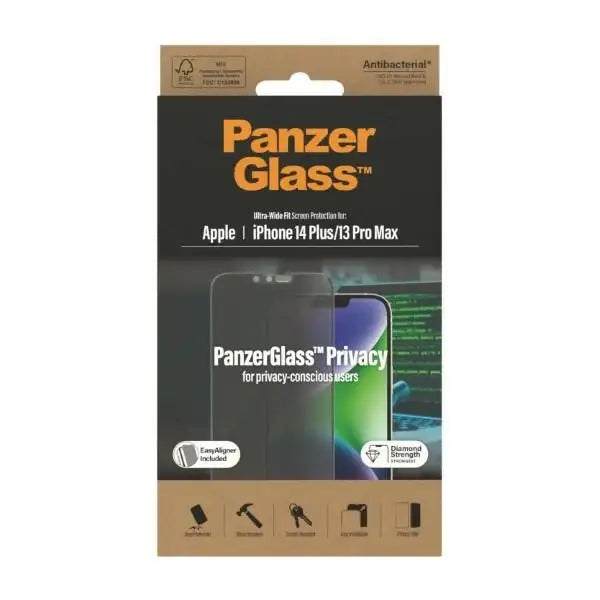 PanzerGlass Ultra-Wide Fit Tempered Glass Antibacterial Privacy with Positioner for iPhone 14 Plus / 13 Pro Max - Cell