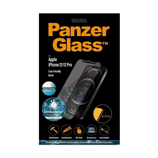 PanzerGlass E2E Microfracture Antibacterial Glass with Glare Filter for iPhone 12 / 12 Pro - with Black Frame