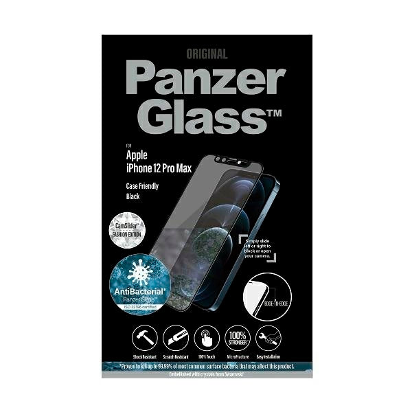 PanzerGlass E2E Microfracture Antibacterial Glass with Camera Cover with Swarovsky Crystal for iPhone 12 Pro Max - with Black Frame