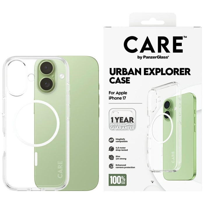 CARE by PanzerGlass Flagship Urban Explorer Case w. White MagSafe for iPhone 17 - Transparent