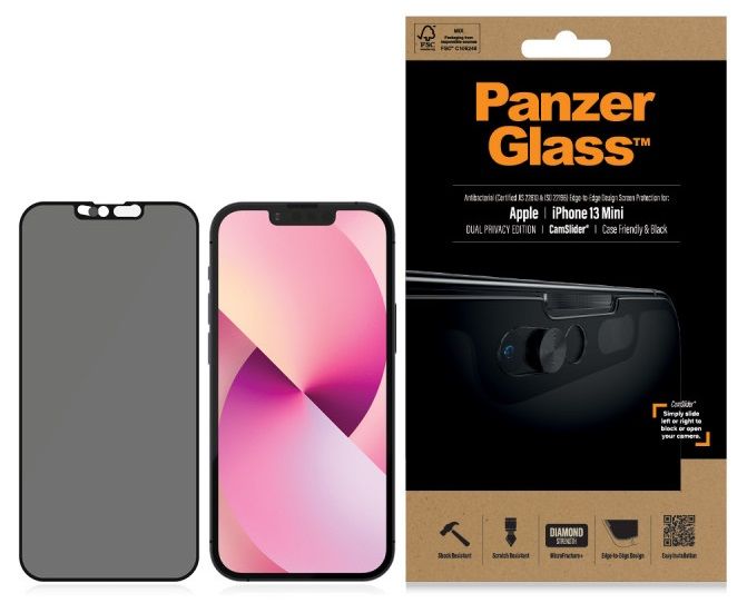 PanzerGlass E2E Microfracture Tempered Glass for iPhone 13 Mini Case Friendly CamSlider Privacy Antibacterial - Black