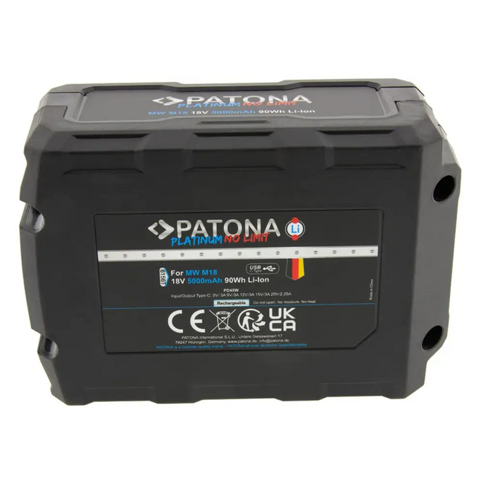 PATONA Platinum 18V Battery for Milwaukee M18 with USB-C port PD45W Black - Batteries for electro