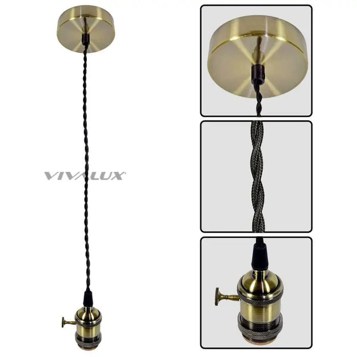 PENDANT E27 WITH SWITCH RETRO GOLD WITH BLACK TWISTED CABLE VIVALUX - Пендели<<<Вътрешно