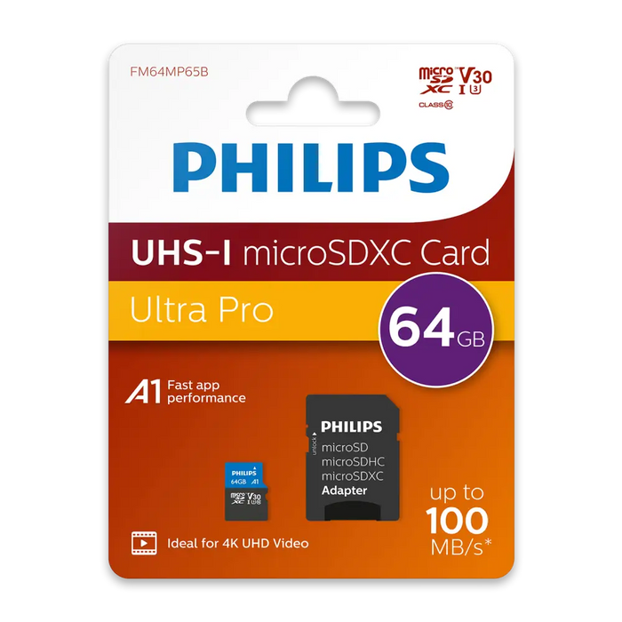 Philips Micro SDHC Card 64GB Class 10 UHS-I U3 V30 A1 - Карти памет<<<Памети<<<MediaTrade