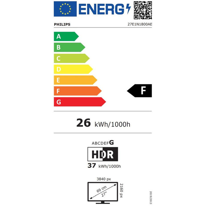Philips 27E1N1800AE, 27" IPS WLED, 3840x2160@60Hz, 4ms GtG, 350cd m/2, 1000:1, Mega Infinity DCR, Adaptive Sync, FlickerFree, Blue Light Soft, 2Wx2, Tilt, Height Adjust, 2xHDMI, DP