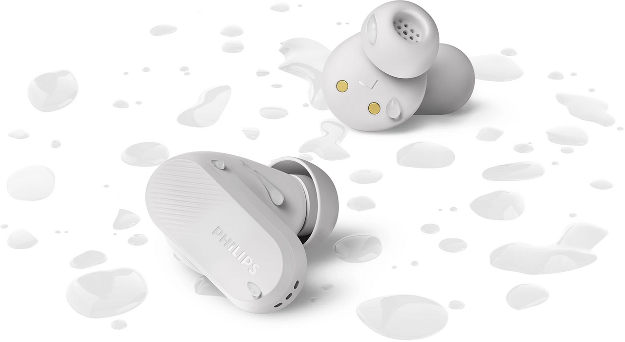 PHILIPS True Wireless Earbuds IPX4 Make calls using a single earbud Up to 24 hours play time white