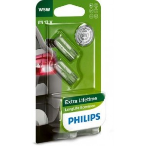 PHILIPS LONG LIFE ECOVISION W5W 3200K 5W 12V CARTON BLISTER X2 PCS