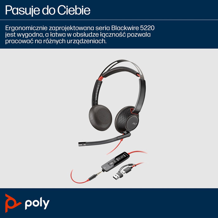 HP Poly Blackwire 5220 Stereo USB-C Headset +3.5mm Plug +USB-C/A Adapter SmartBuy
