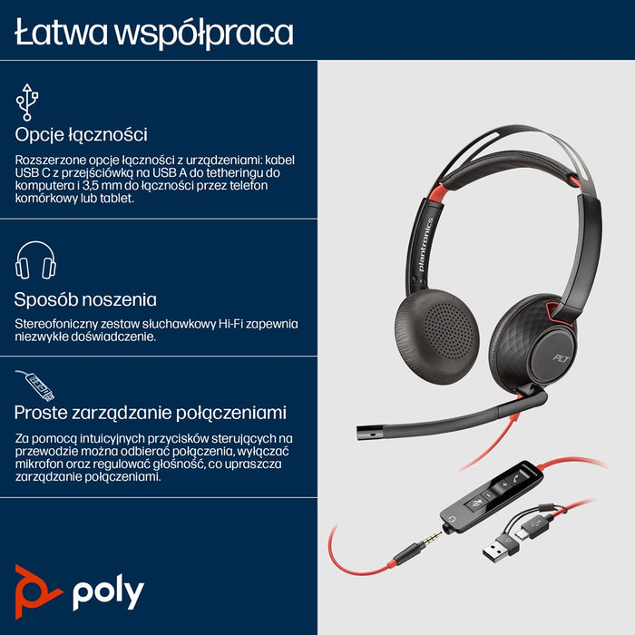 HP Poly Blackwire 5220 Stereo USB-C Headset +3.5mm Plug +USB-C/A Adapter SmartBuy