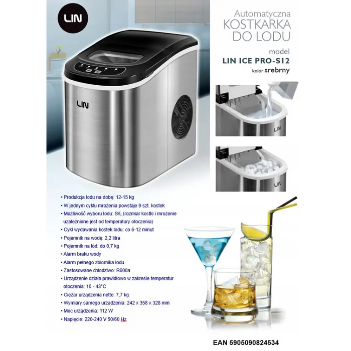 Portable ice maker LIN ICE PRO-S12 silver - Ice-makersAGD-KOS<<<Home Appliance - ProductsAGD<<<ActionPL