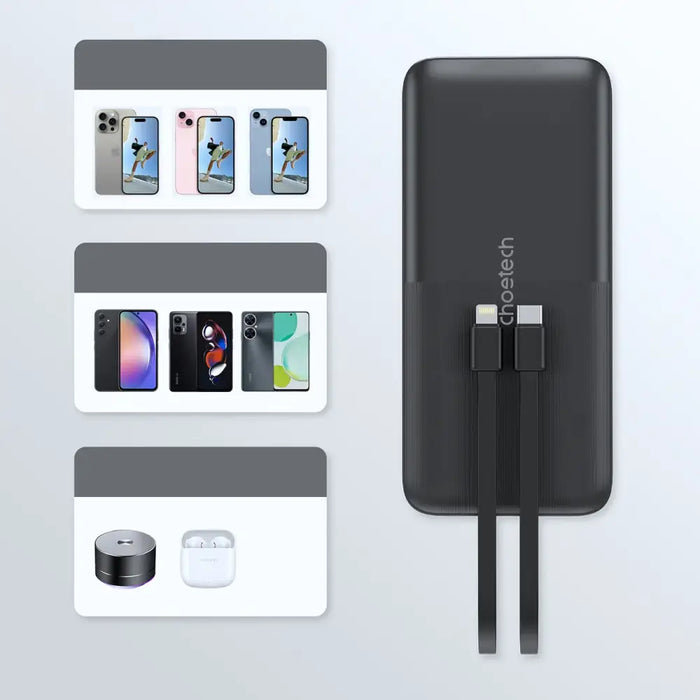Powerbank Choetech B654 10000mAh 22.5W USB-A / USB-C / micro USB with built-in USB-C / Lightning cable - black
