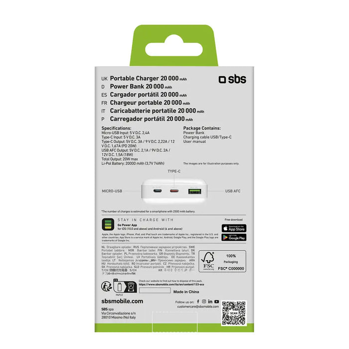 Powerbank SBS TTBB20000PD20W 20000 mAh 20W Power Delivery with MicroUSB USB-C USB-A - white