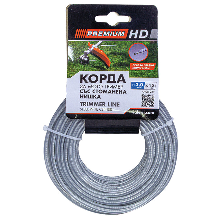 CORD FOR TRIMMER ROUND WITH STEEL THREAD PREMIUM-HD 3 MM-15 M