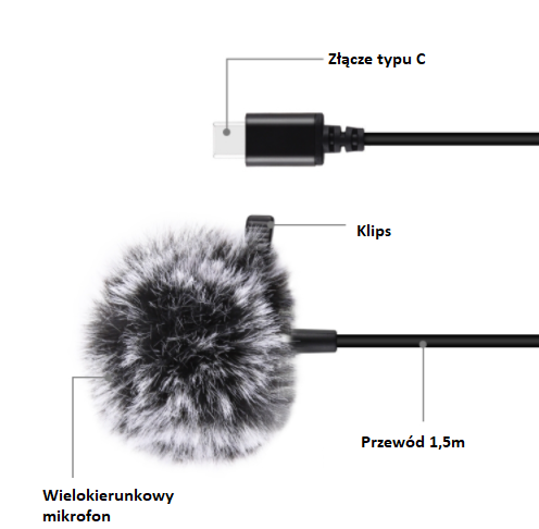 Jack Puluz tie microphone with clip PU425 1.5m USB-C