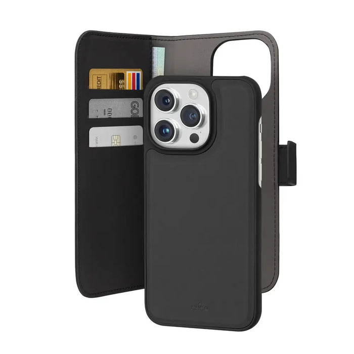 Puro Wallet Detachable MagSafe 2in1 PU Leather Case with Flap and Wallet for iPhone 15 Pro - Black - Cell phone cases