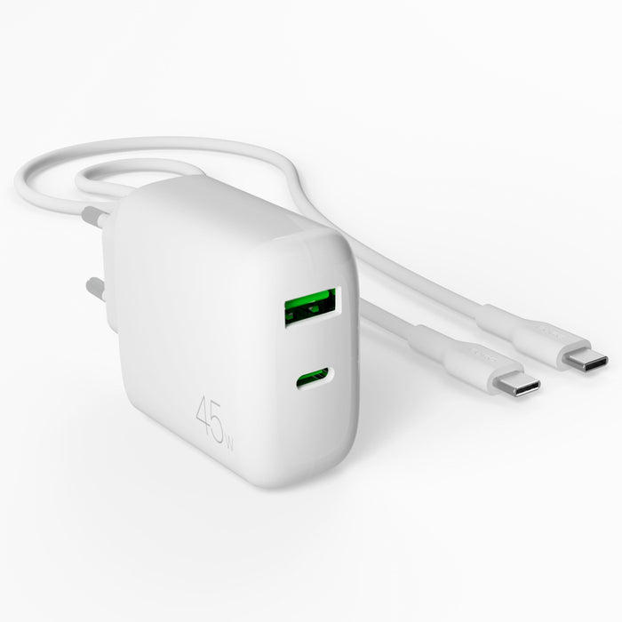 Puro Daily Prolite 45W USB-C USB-A Power Delivery charger with USB-C cable - white