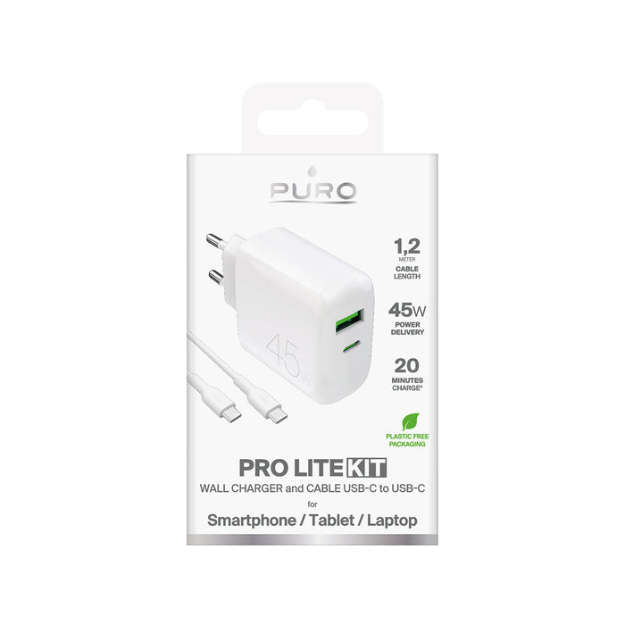 Puro Daily Prolite 45W USB-C USB-A Power Delivery charger with USB-C cable - white
