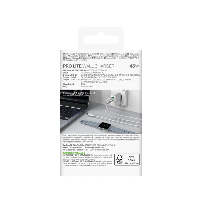 Puro Daily Prolite 45W USB-C USB-A Power Delivery charger with USB-C cable - white