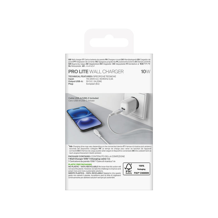 Puro PROLITE 10W USB-A wall charger + USB-A - USB-C cable 1.2m - white