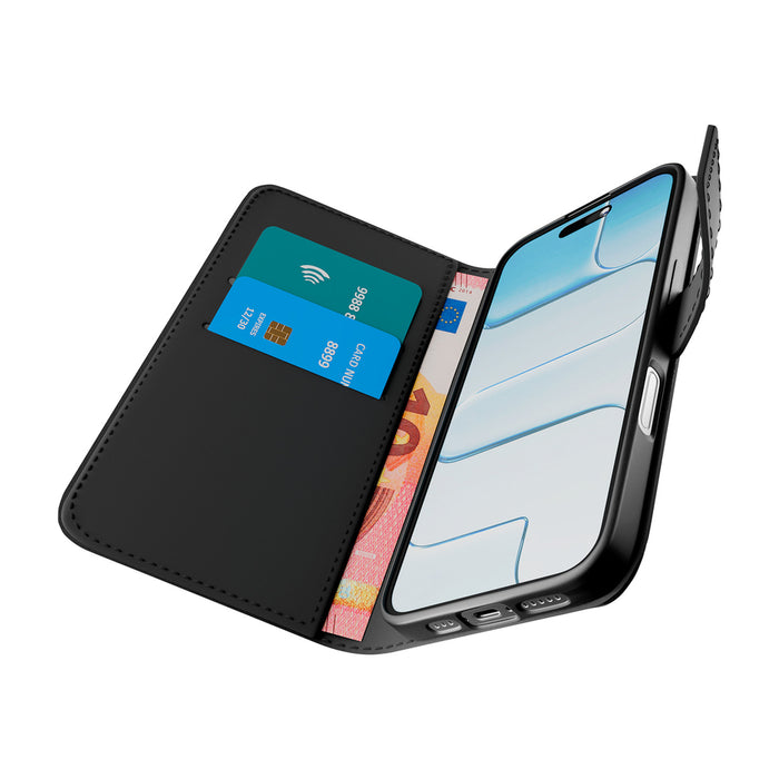 Puro Wallet Stand Case for iPhone 17 Air made of eco-leather, with a flap, wallet and stand function - black
