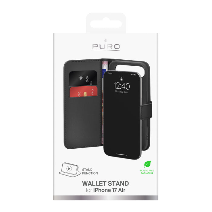 Puro Wallet Stand Case for iPhone 17 Air made of eco-leather, with a flap, wallet and stand function - black