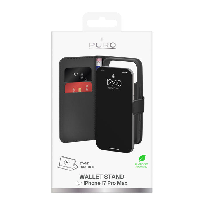 Puro Wallet Stand Case for iPhone 17 Pro Max Made of Eco-Leather, with a Flap, Wallet, and Stand Function - Black