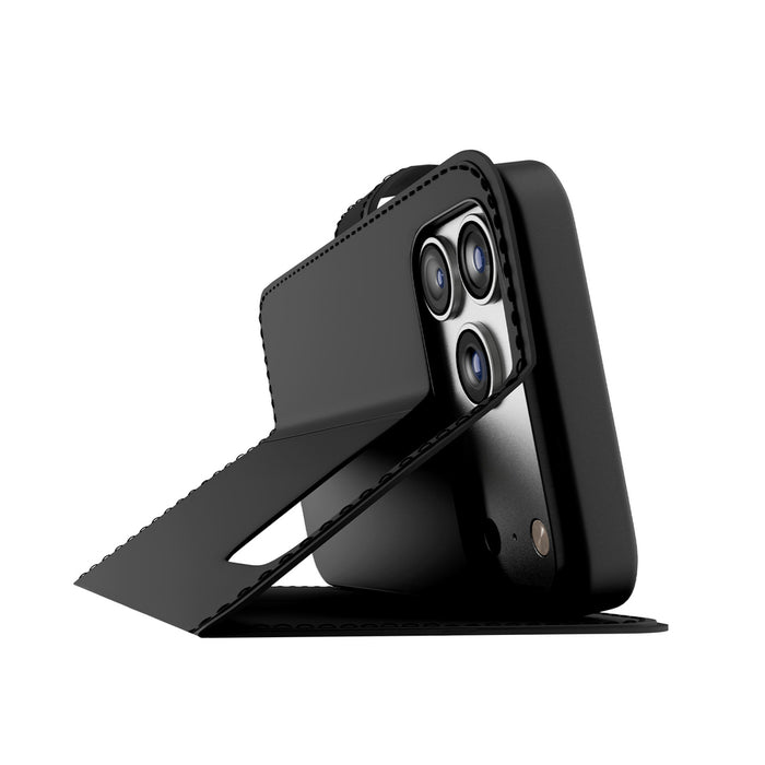 Puro Wallet Stand Case for iPhone 17 Pro Made of Eco-Leather, with a Flap, Wallet, and Stand Function - Black