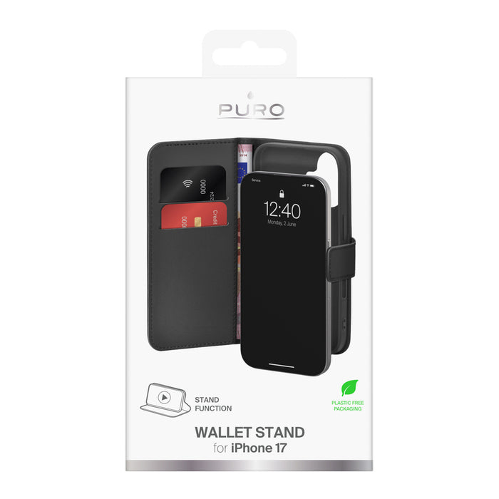 Puro Wallet Stand case for iPhone 17 made of eco-leather, with a flap, wallet and stand function - black