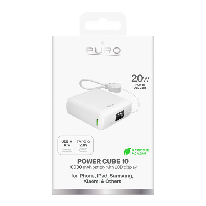 Puro 10000mAh 20W USB-C USB-A Power Bank with Display and Built-in USB-C Cable - White
