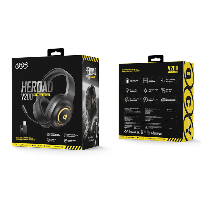 QCY Heroad V200 Tri-Mode Gaming Headphones with 7.1 Sound, 240h Battery, and Detachable Microphone - Black