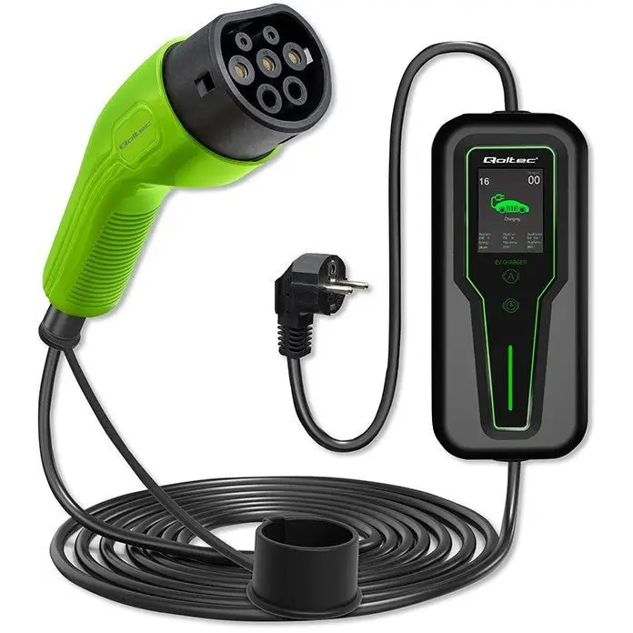 Qoltec 52465 Mobile charger for EV 2-in-1 Type2 with regulation | 3.5kW | 230V | LCD | Portable | Wallbox | 5m - Mobile
