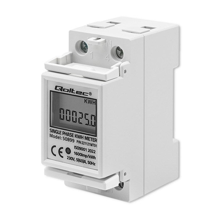 Qoltec 50899 Single phase electronic energy consumption meter | 230 V | LCD | 2P | DIN rail