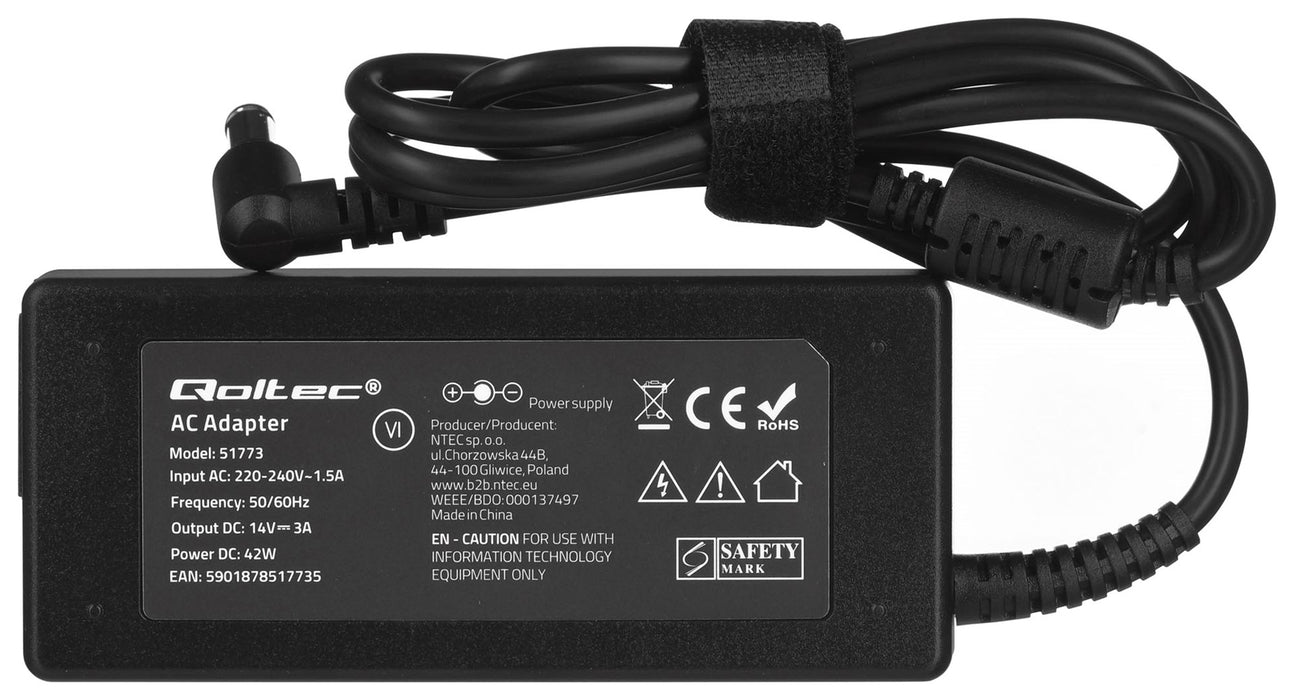Qoltec 51773 Power adapter for Samsung monitor 42W | 3A | 14V | 6.5 * 4.4 + power cable