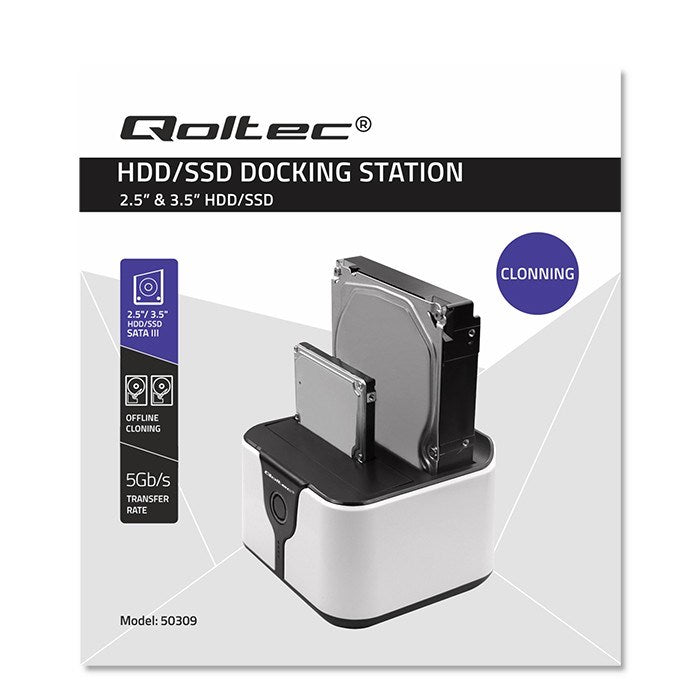 Qoltec 50309 HDD SSD 2.5" 3.5" docking station | SATA III | USB 3.0 | Super speed 5Gb/s | with Clonning function