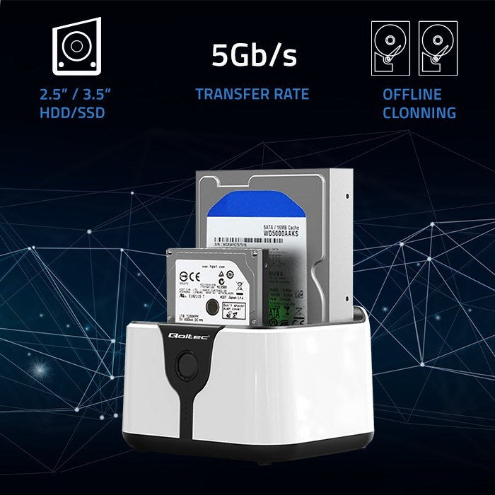 Qoltec 50309 HDD SSD 2.5" 3.5" docking station | SATA III | USB 3.0 | Super speed 5Gb/s | with Clonning function
